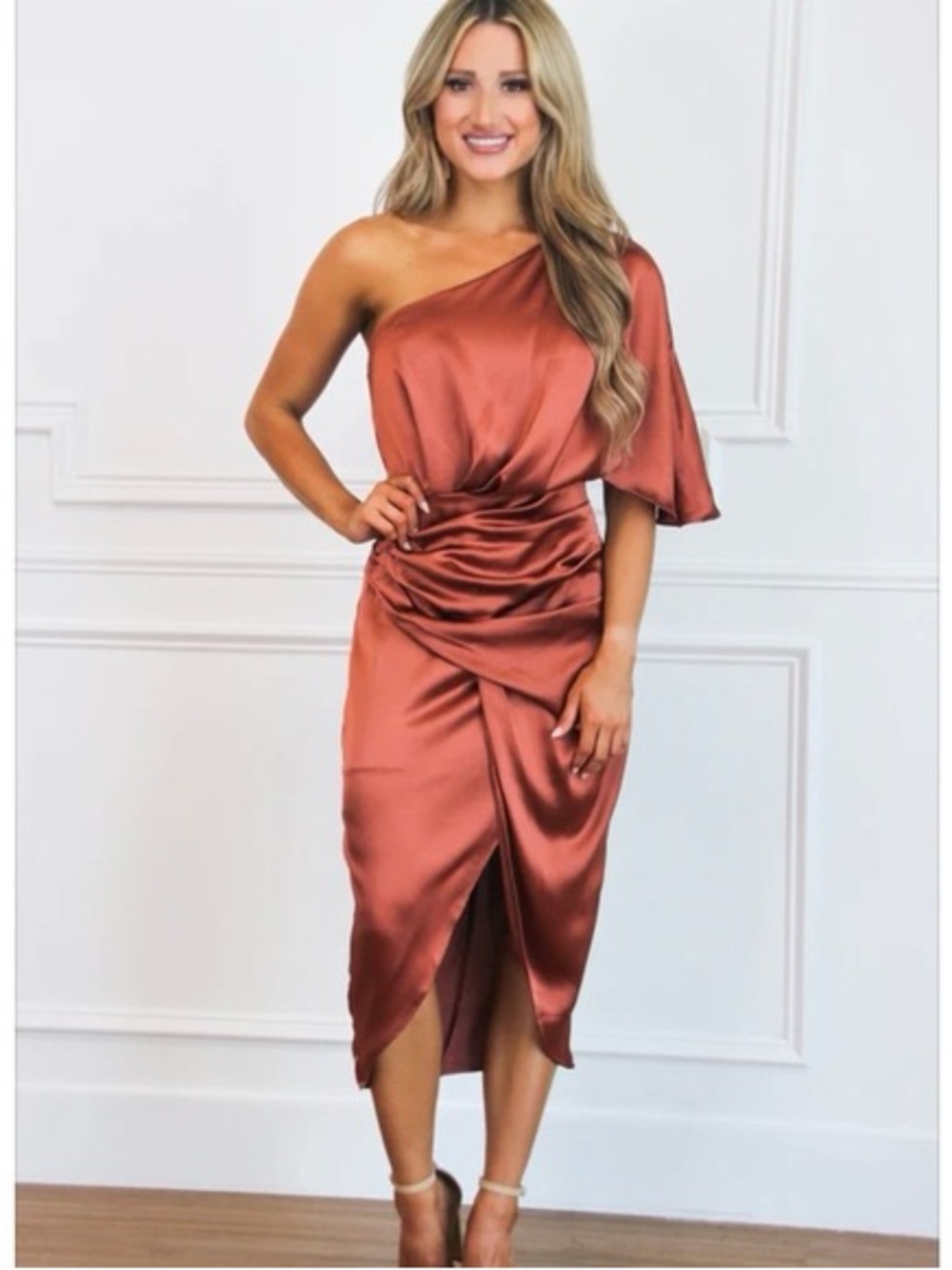 NEVER WORN: One-Shoulder Copper Satin Midi Dress